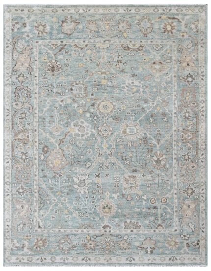 Sea Blue Off White Hand Knotted Wool Rug