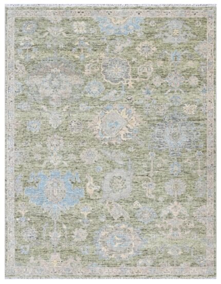 Olive Green Hand Knotted Wool Area Rug