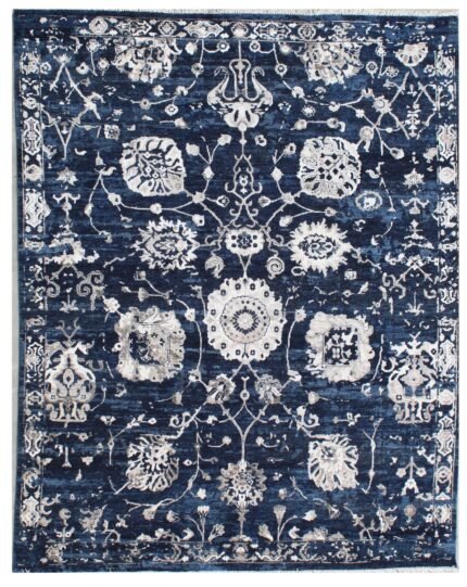 Navy Silver Floral Hand Knotted Wool and Silk Rug