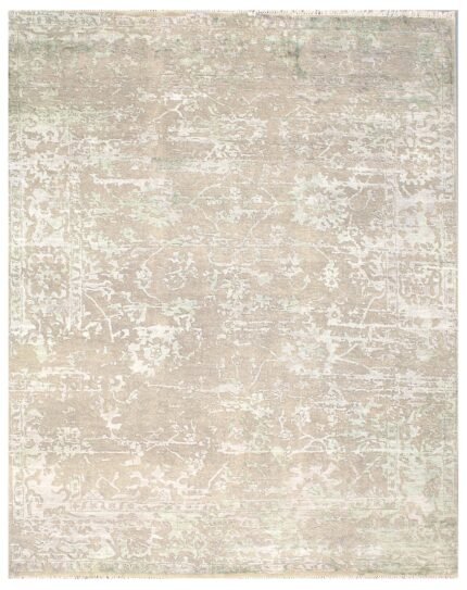 Soft Green Distressed Hand Knotted Wool and Silk Rug