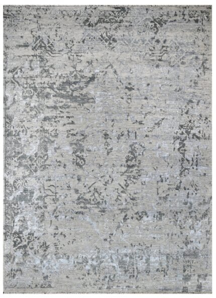 Silver Turquoise Abstract Hand Knotted Wool and Silk Rug