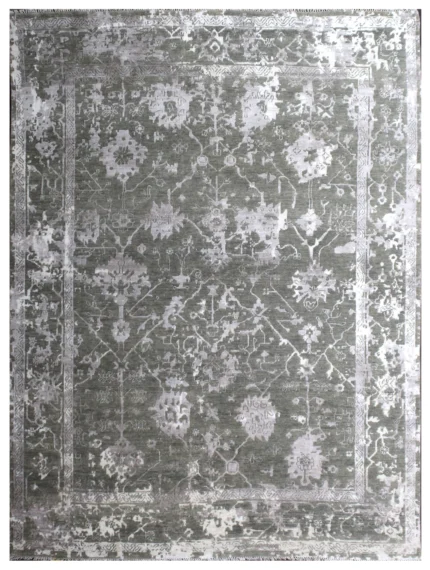 Silver Charcoal Distressed Hand Knotted Wool and Silk Rug