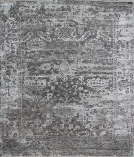 Grey Silver Vintage Hand Knotted Wool & Silk Rug