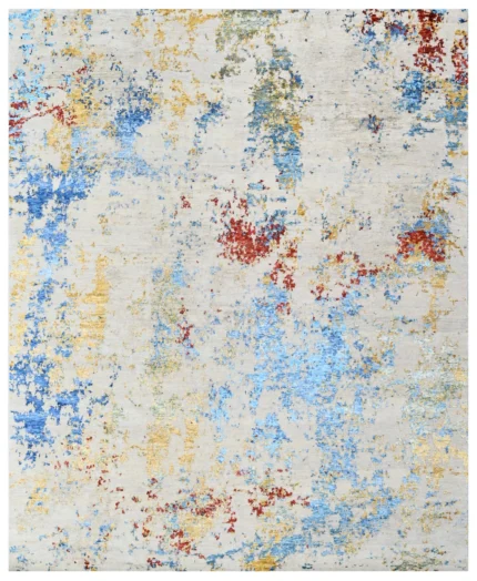 Ivory Blue Modern Abstract Hand Knotted Rug