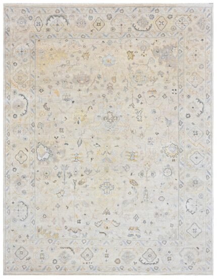 Beige Ivory Hand Knotted Oushak Wool Rug