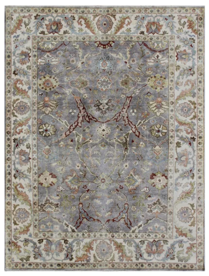 Silver Beige Hand Knotted Floral Wool Rug