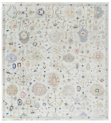 Ivory Beige Hand Knotted Oushak Wool Rug