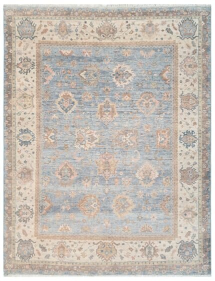 Light Blue Beige Hand Knotted Oushak Rug